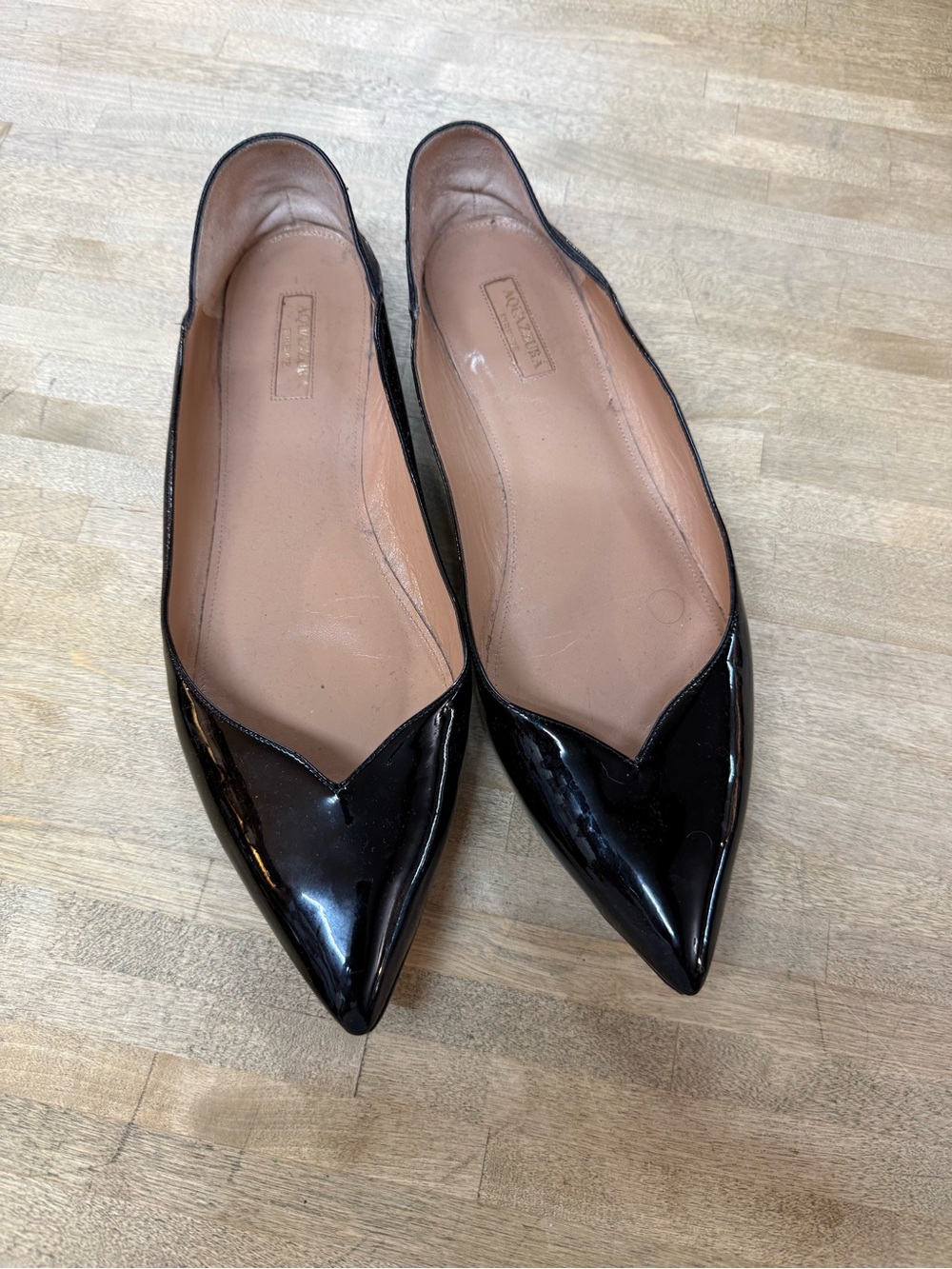 AQUAZZURA Black Patent Leather Pointy Flats Sz 41